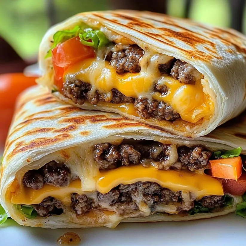 Two grilled cheeseburger wraps with lettuce and tomato.