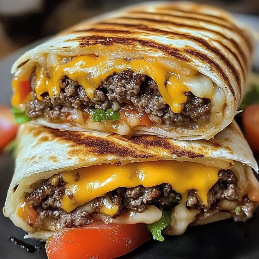 Two grilled cheeseburger wraps on a plate.