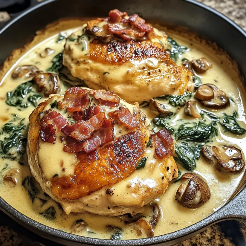 A pan of smothered chicken with creamed spinach, bacon, and mushrooms.