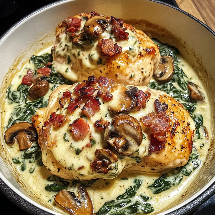 A dish of chicken with mushrooms and spinach.