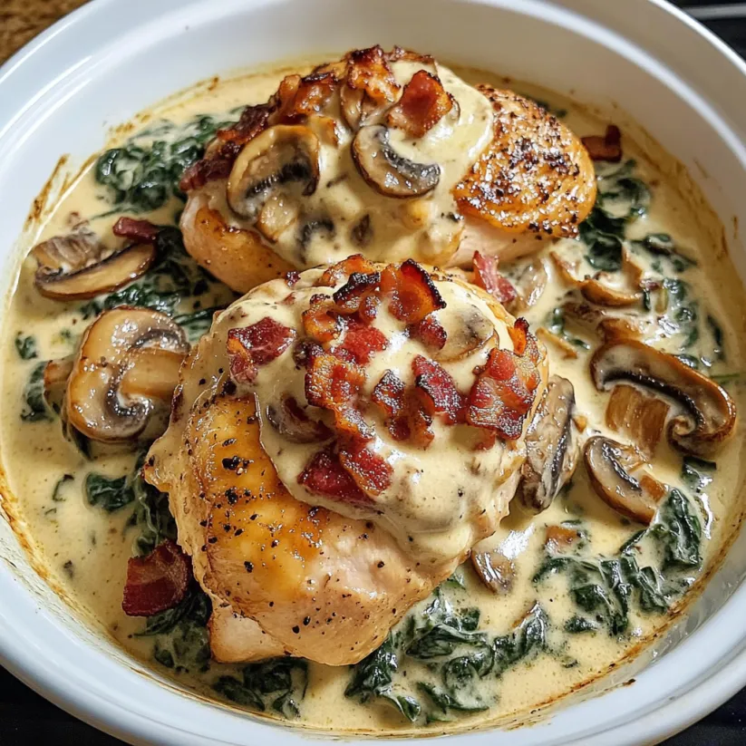 A plate of smothered chicken with creamed spinach, bacon, and mushrooms.