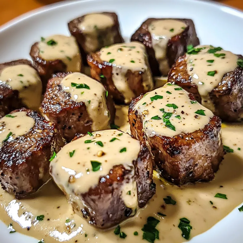 Garlic butter steak bites with parmesan cream sauce.
