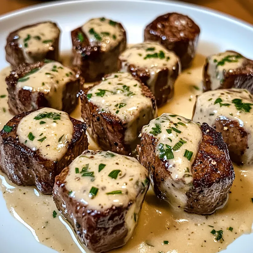 Garlic butter steak bites with parmesan cream sauce.