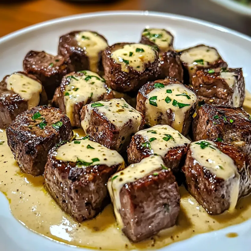 A plate of garlic butter steak bites with parmesan cream sauce.
