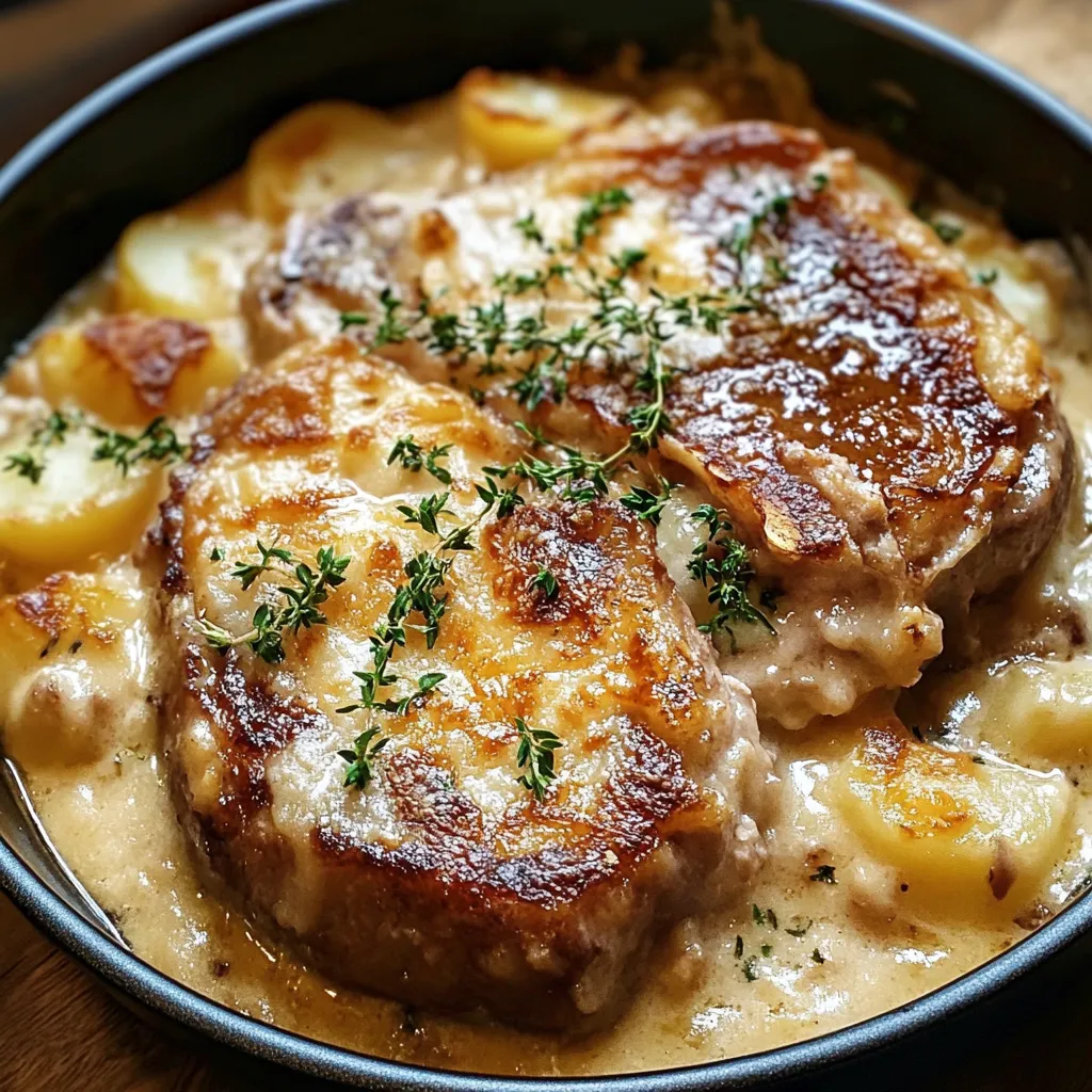A close up of a delicious smothered pork chop and scalloped potato casserole.