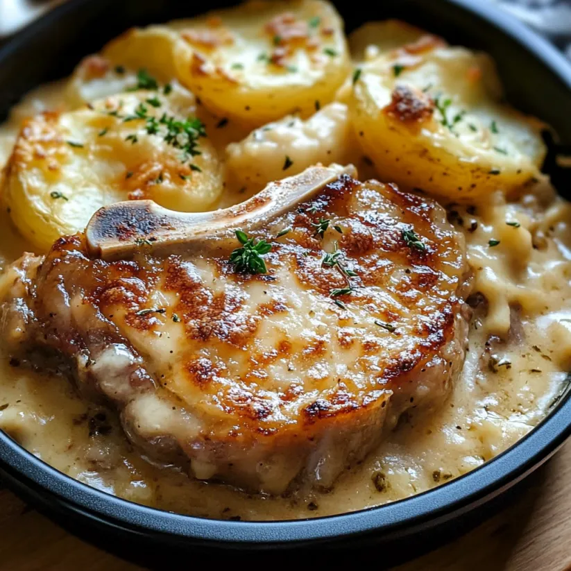A plate of food with a pork chop and scalloped potatoes.