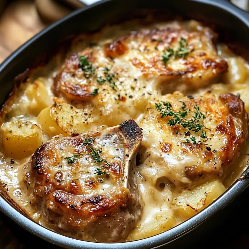 A close up of a smothered pork chop and scalloped potato casserole.