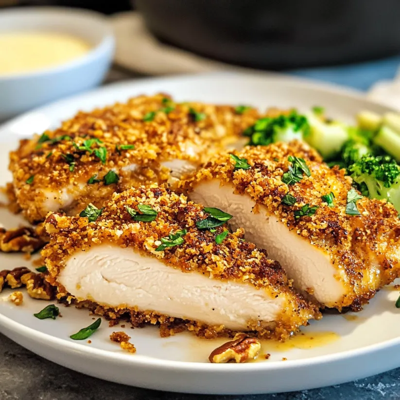 A plate of chicken with a sauce on it.