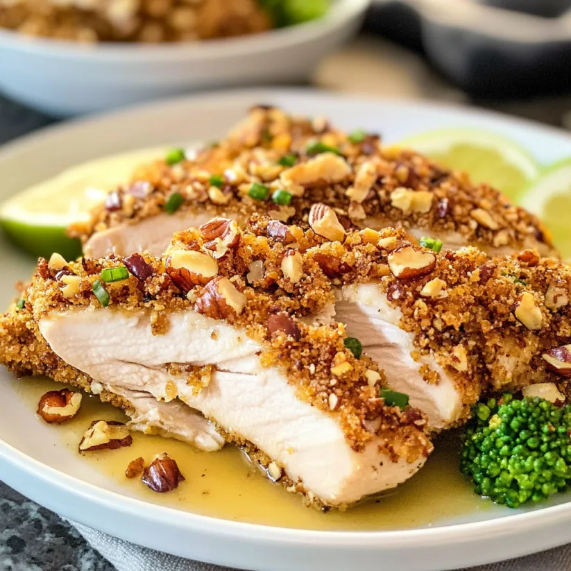 A plate of chicken with pecans on top.