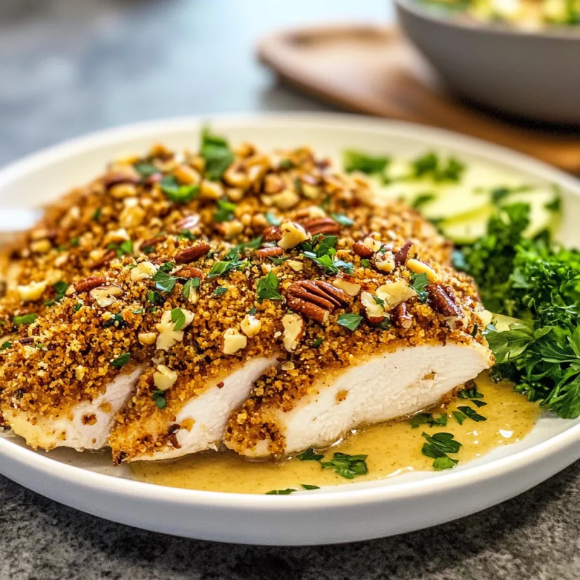 A plate of pecan crusted chicken.