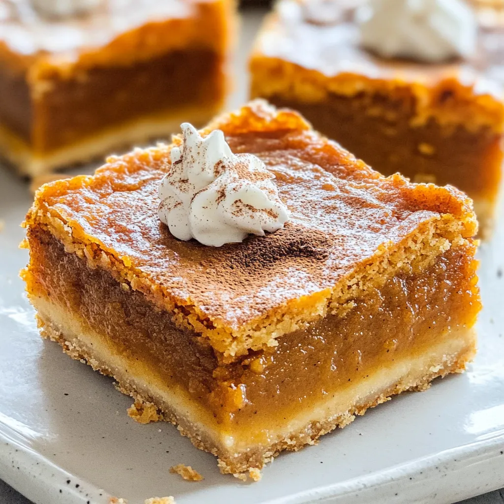 A slice of pumpkin pie bars with whipped cream on top.