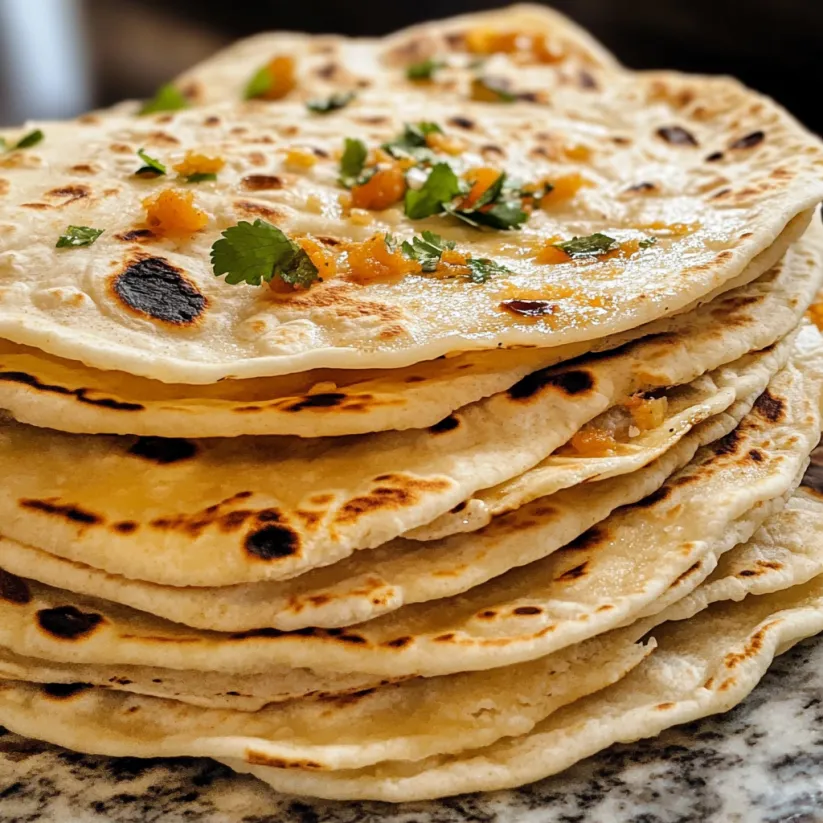 A stack of tortillas with toppings.