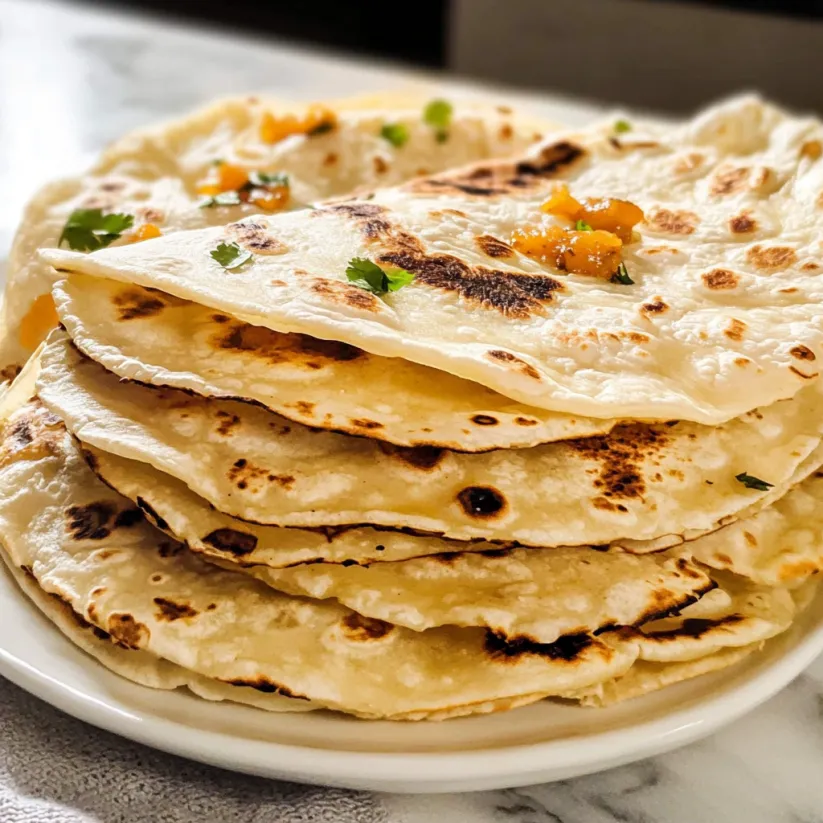 A stack of flour tortillas on a plate.