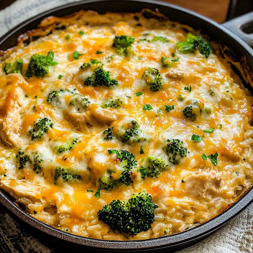 A delicious one pot cheesy chicken broccoli and rice casserole.