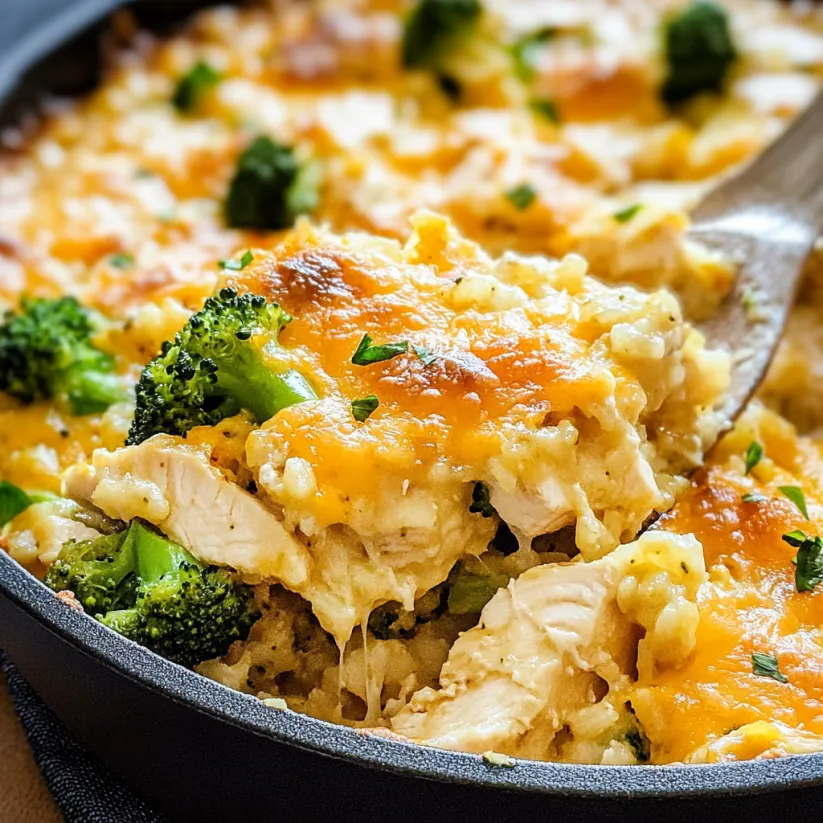 A close up of a delicious one pot cheesy chicken broccoli and rice casserole.
