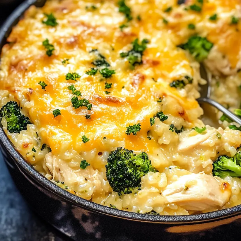 A close up of a delicious one pot cheesy chicken broccoli and rice casserole.