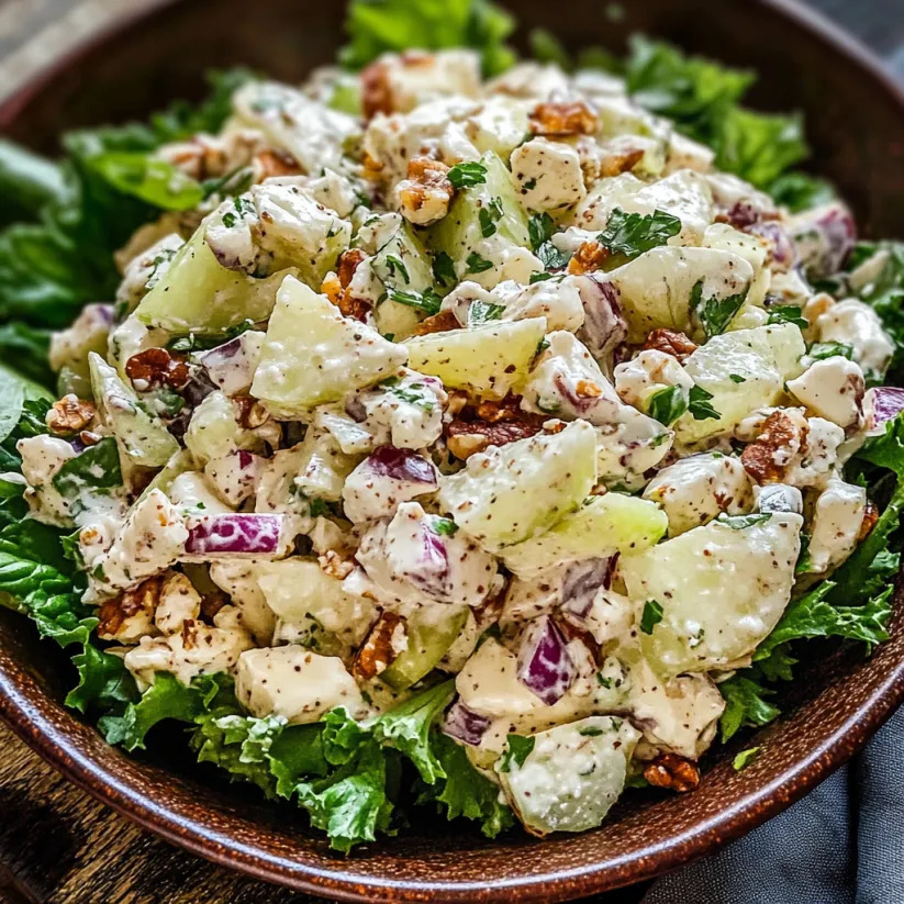 A bowl of Waldorf salad with a variety of vegetables.