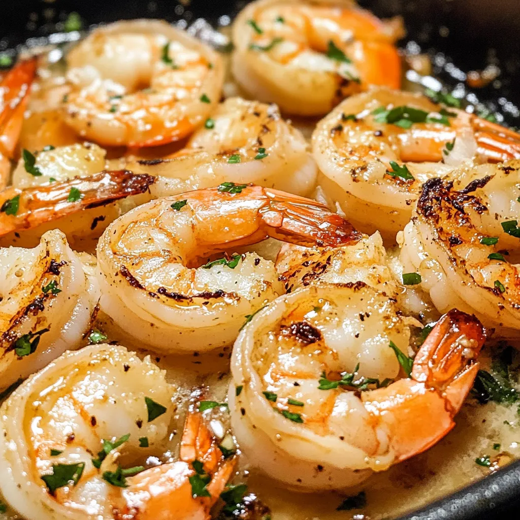 A pan of garlic butter shrimp.