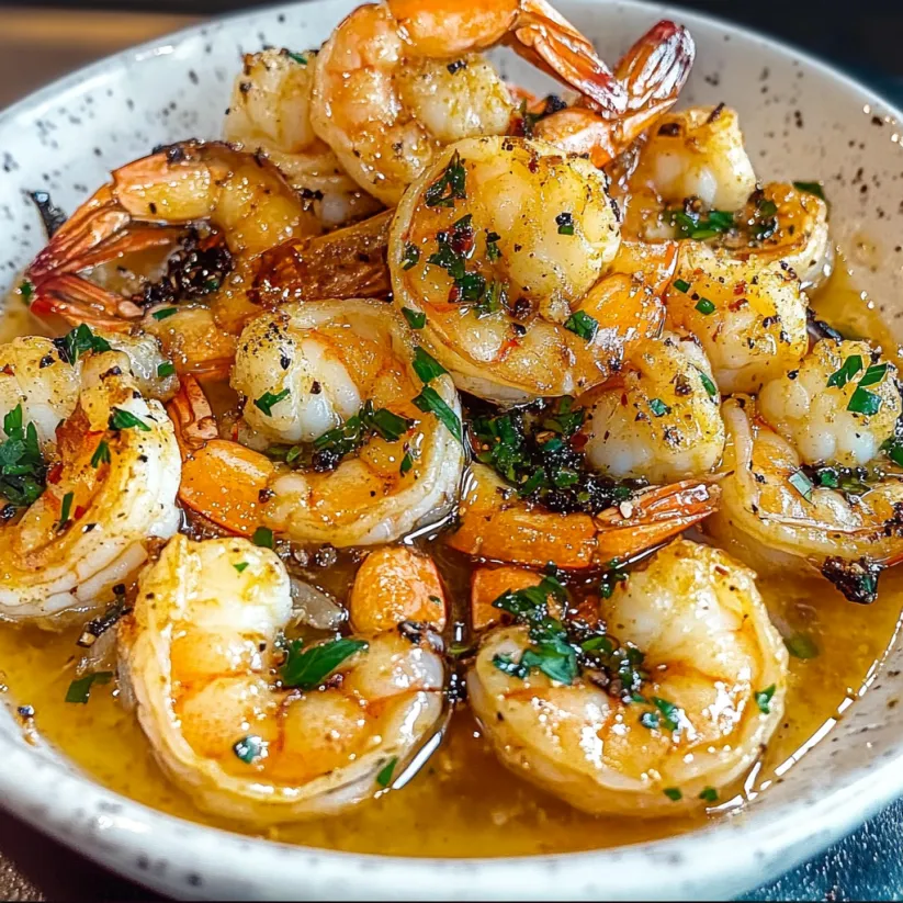 A bowl of shrimp with garlic butter.