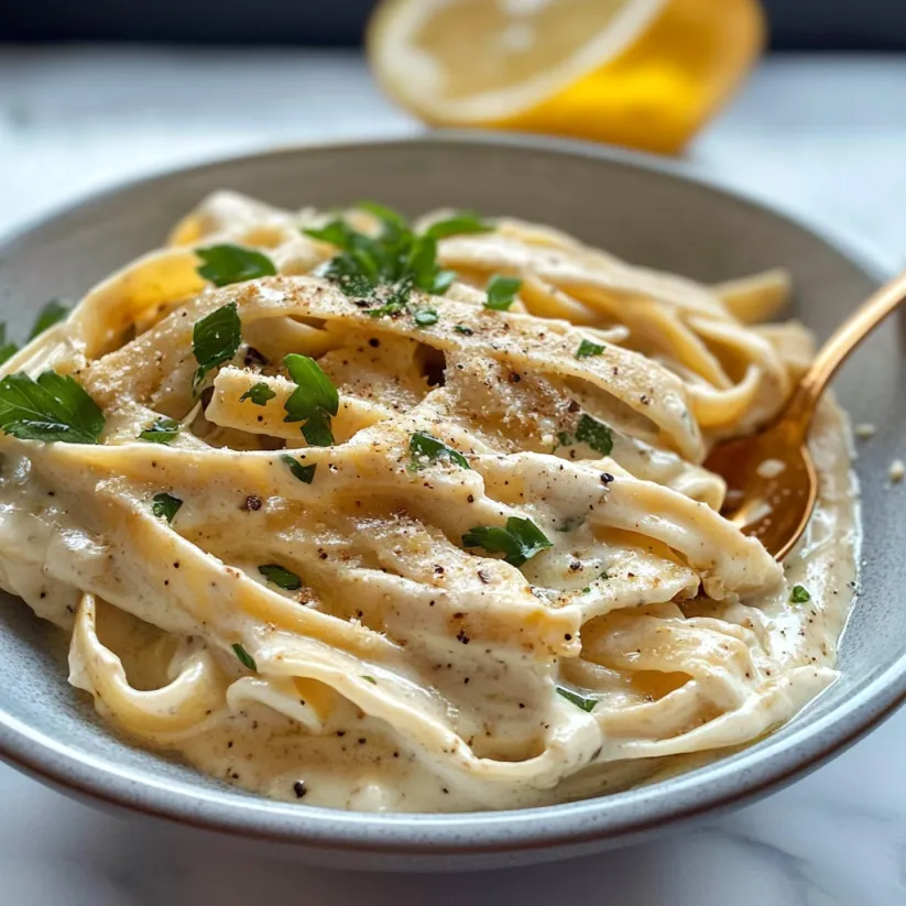 A bowl of creamy fettuccine with lemon wedges on the side.