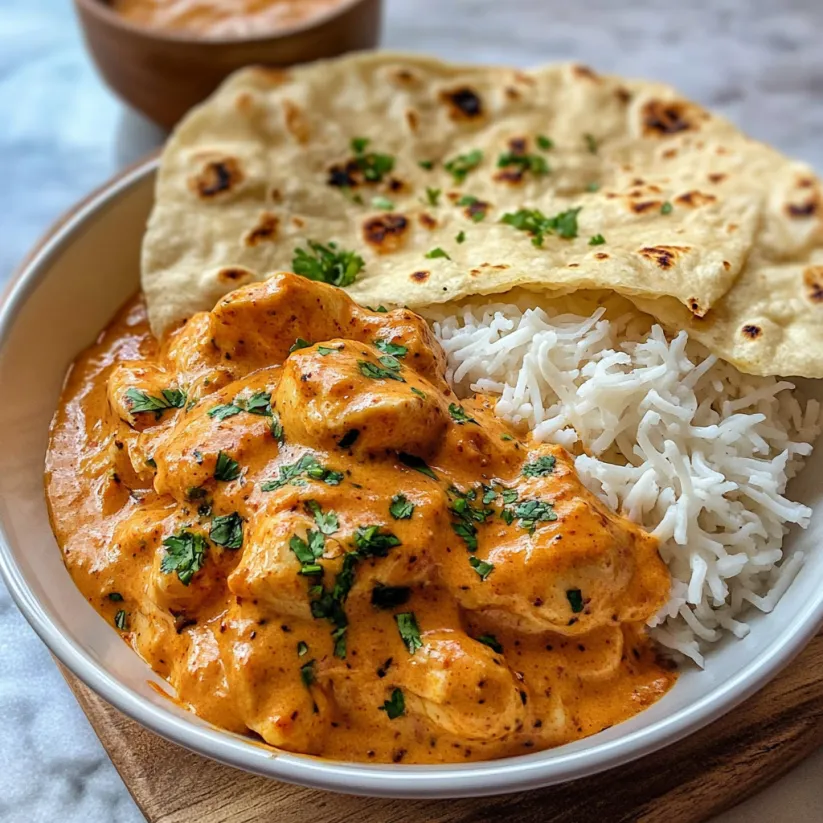 A bowl of butter chicken with rice and tortilla.
