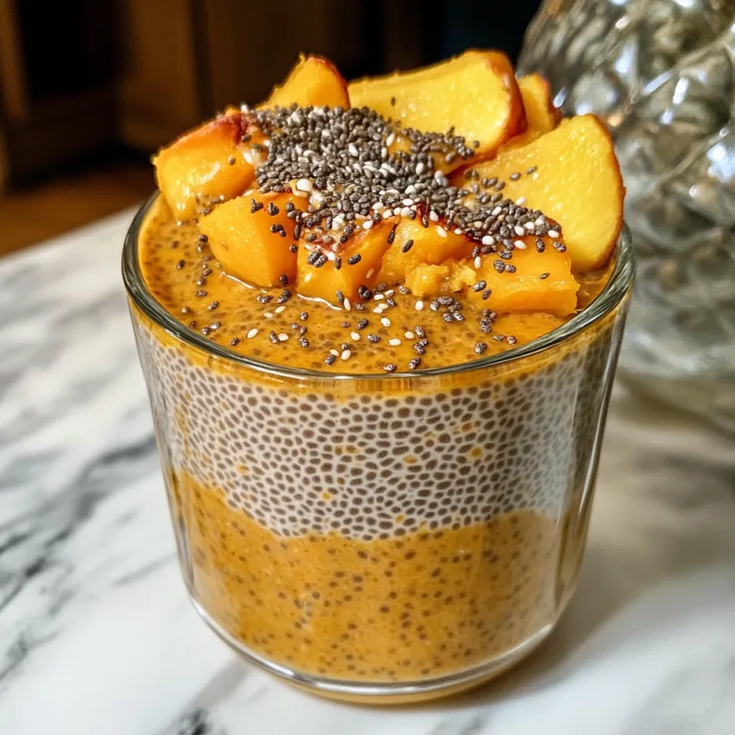 A glass of pumpkin chia pudding.