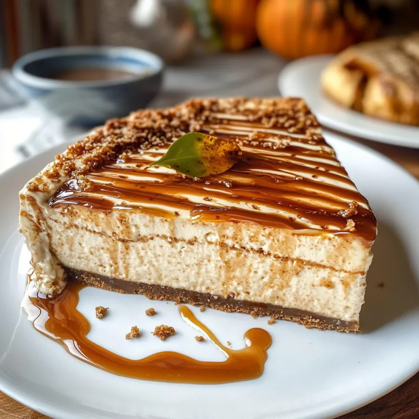 A slice of caramel macchiato cheesecake on a plate.