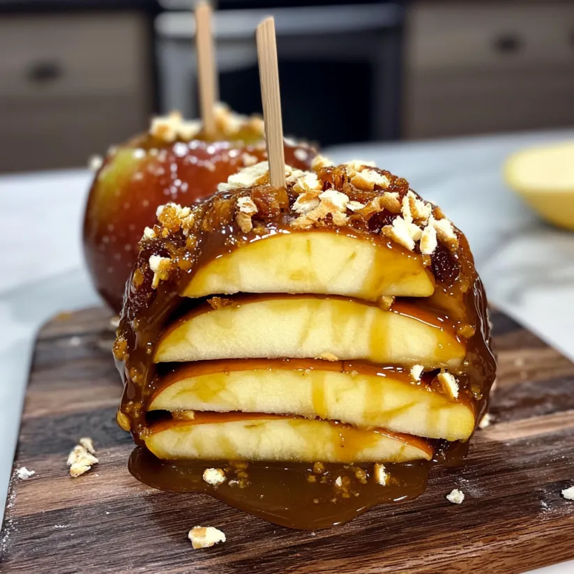 A stack of caramel apples with a stick in them.