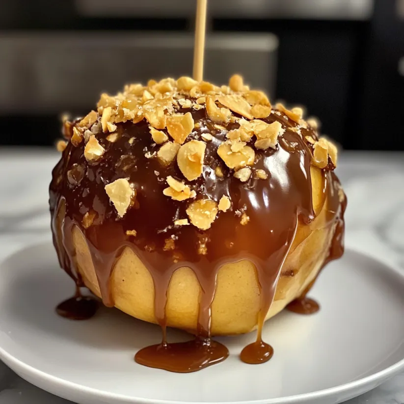 A caramel apple with a stick in it.
