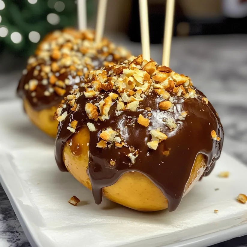 A close up of a caramel apple with nuts on top.