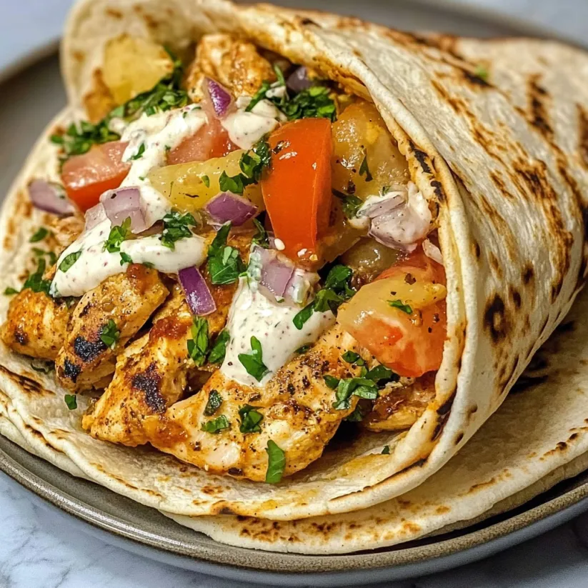 A gyro with chicken, tomatoes, onions, and lettuce.