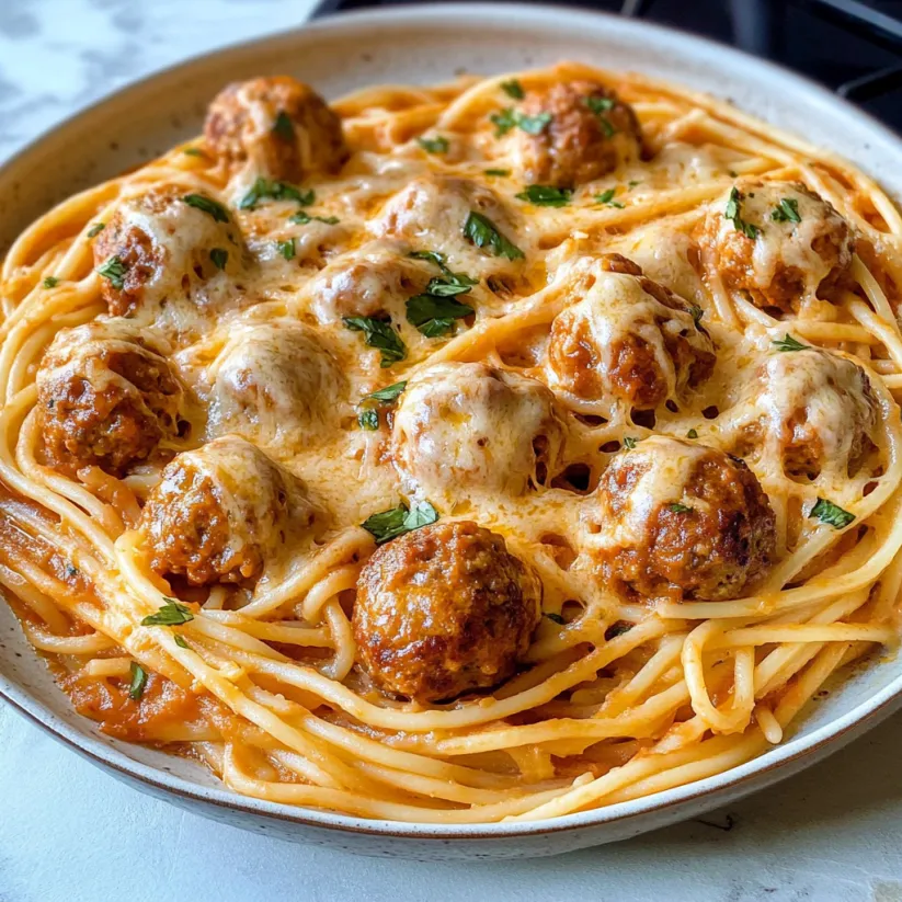 A plate of spaghetti with meatballs and cheese.