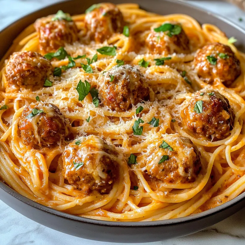 A bowl of spaghetti with meatballs and cheese.