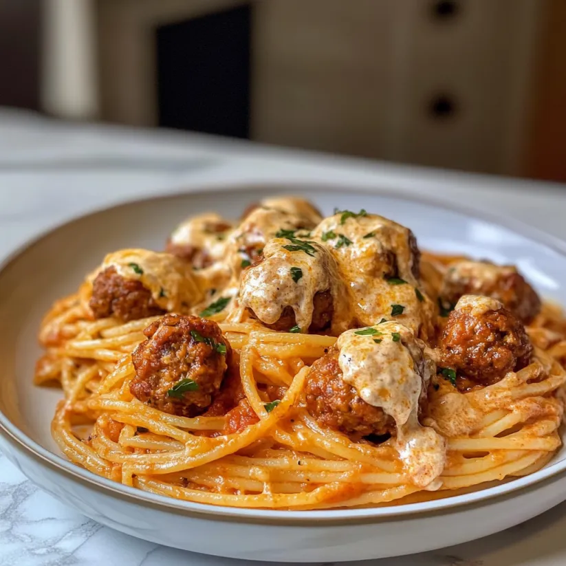 A plate of spaghetti and meatballs.
