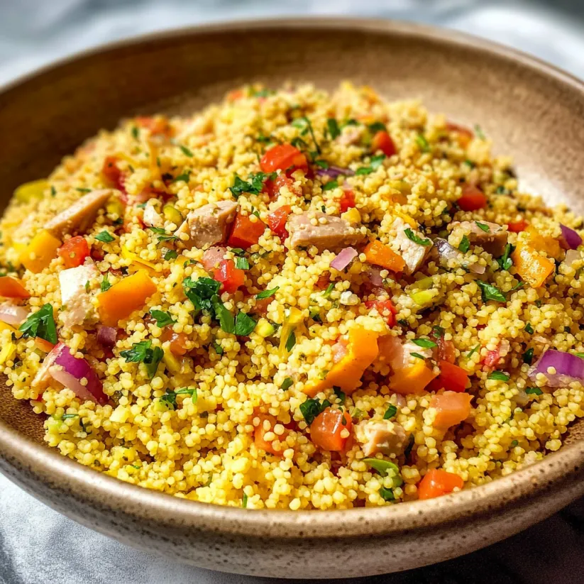 A bowl of couscous with vegetables and meat.