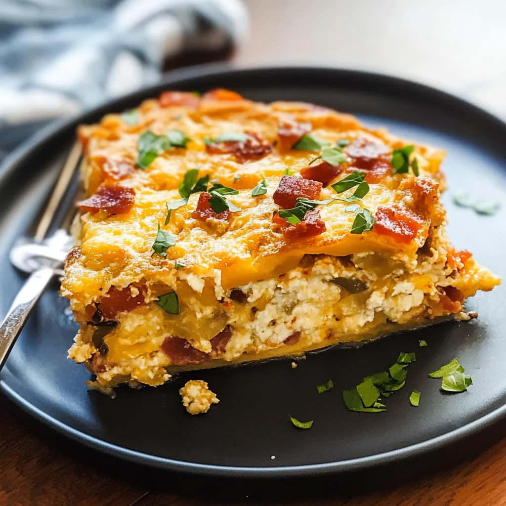 A slice of a crockpot breakfast casserole.