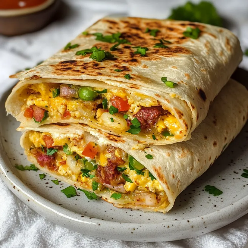 A breakfast burrito with eggs, peppers, and cheese.