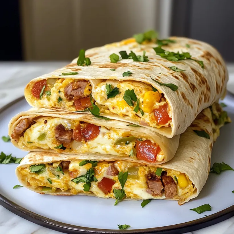 A stack of burritos with meat, cheese, and vegetables.