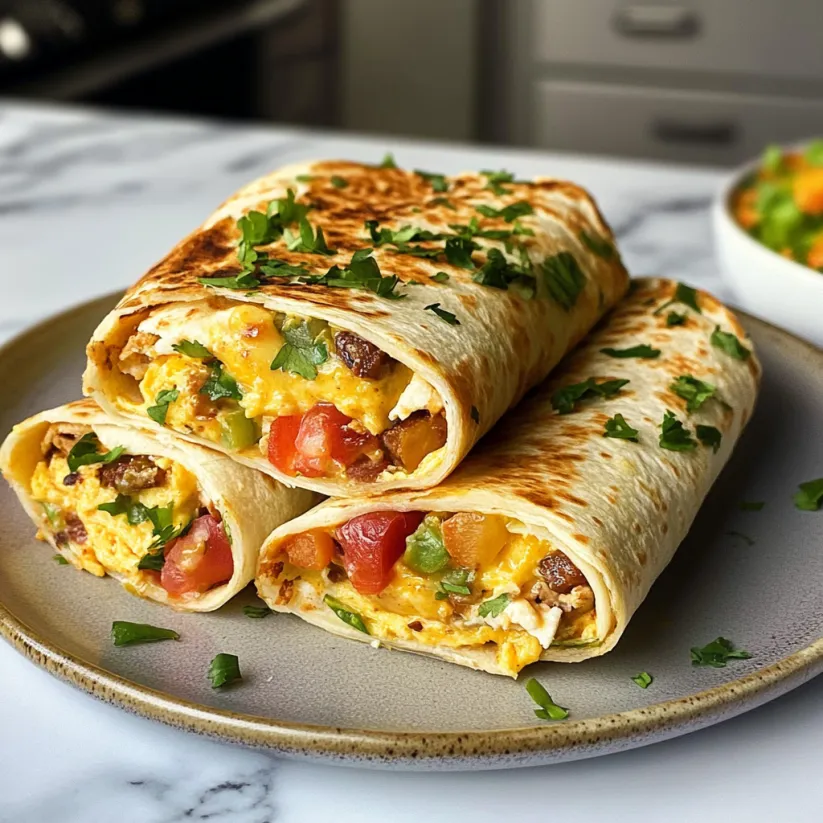 Two burritos with eggs and vegetables on a plate.