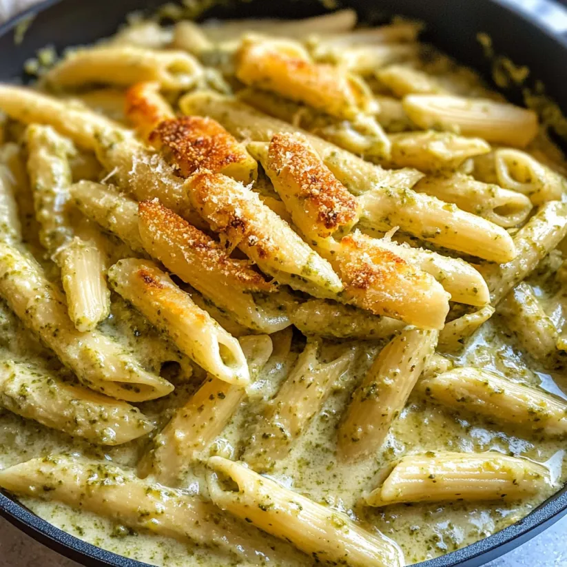 A bowl of pasta with a creamy pesto sauce.
