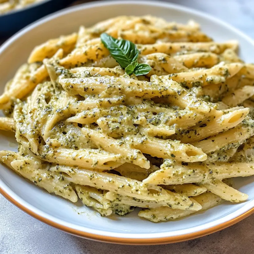 A plate of pasta with a green sauce on top.
