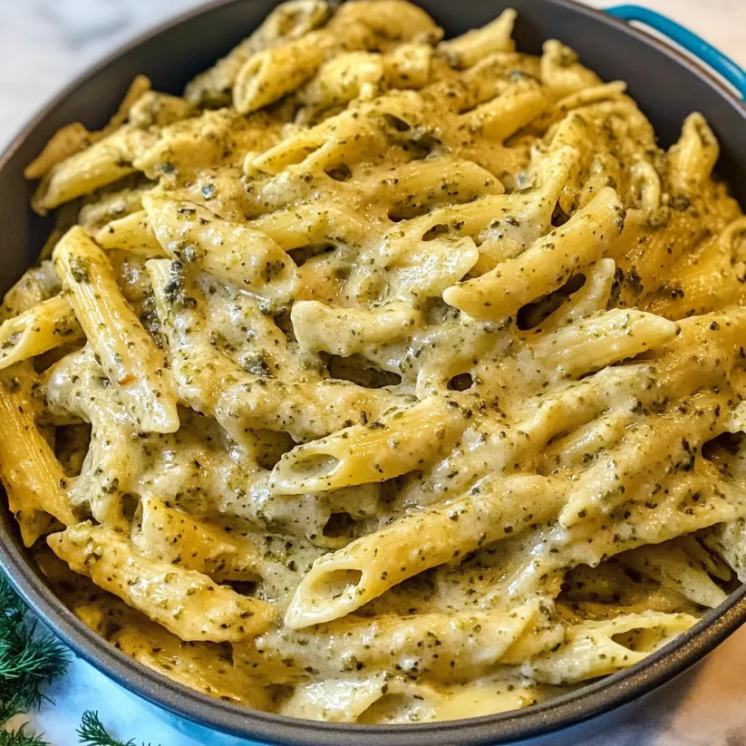 A bowl of pasta with a creamy pesto sauce.