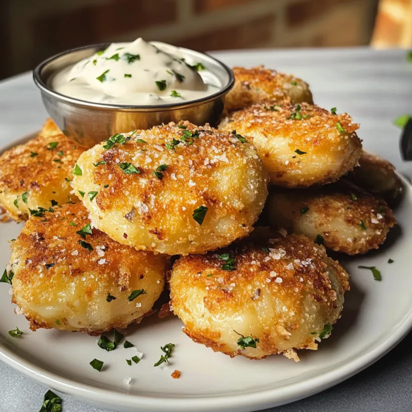 A plate of potato cheese croquettes with a bowl of dipping sauce.