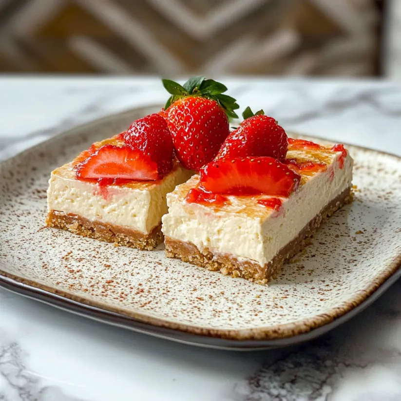 Two pieces of strawberry cheesecake bars.