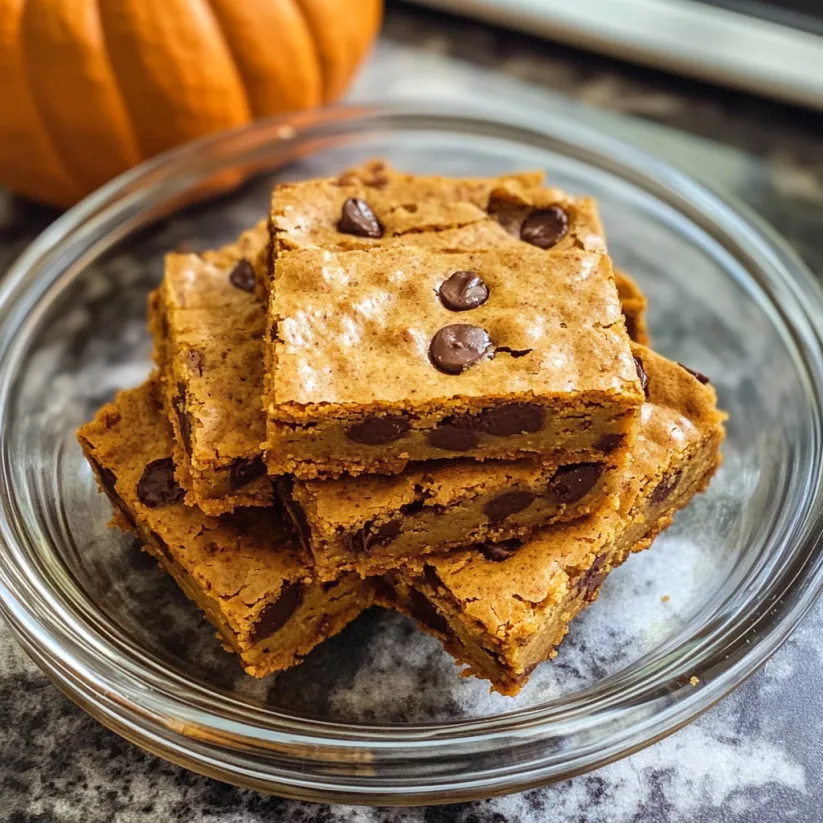 A plate of brownies with chocolate chips and a pumpkin in the background.