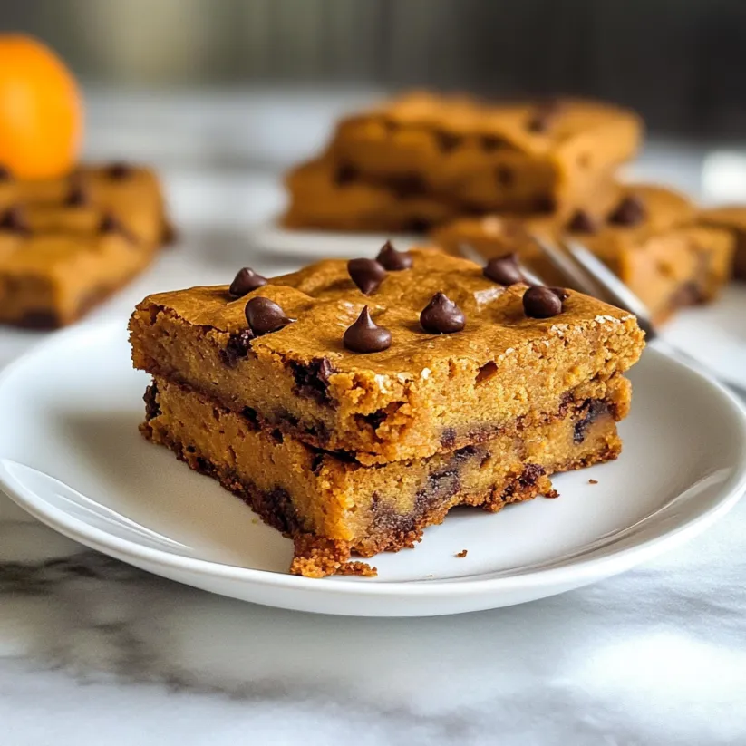 A plate of blondies with chocolate chips on top.