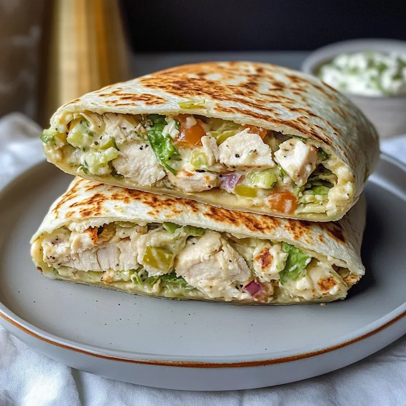 A chopped chicken caesar salad wrap.