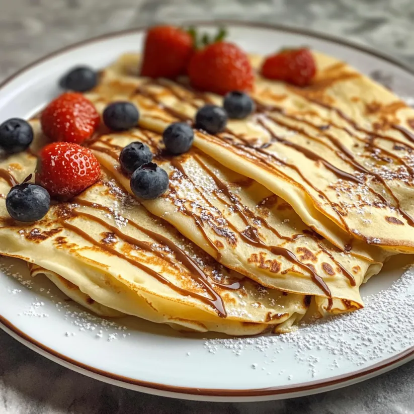 A plate of crepes with strawberries and blueberries on top.