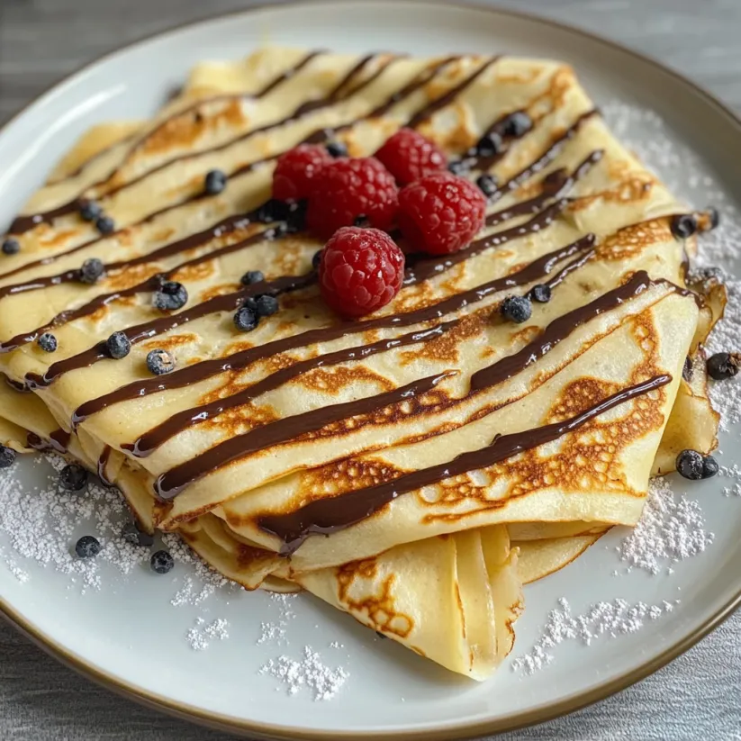 A plate of crepes with chocolate sauce and berries.