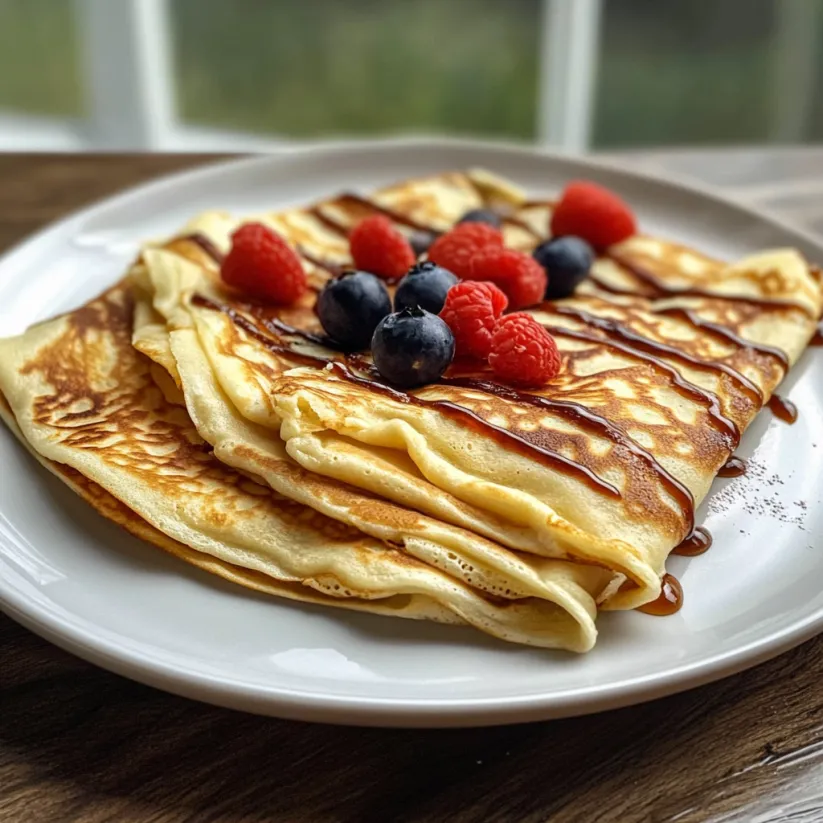 A crepe with berries and chocolate sauce.